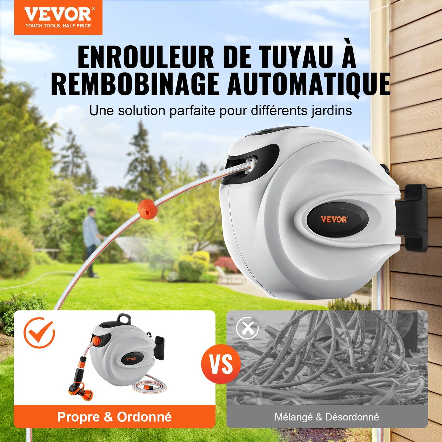 Einziehbare Schlauchtrommel, Wasserschlauchtrommel 25 m x 1,3 cm, 180° schwenkbar, Wandmontage