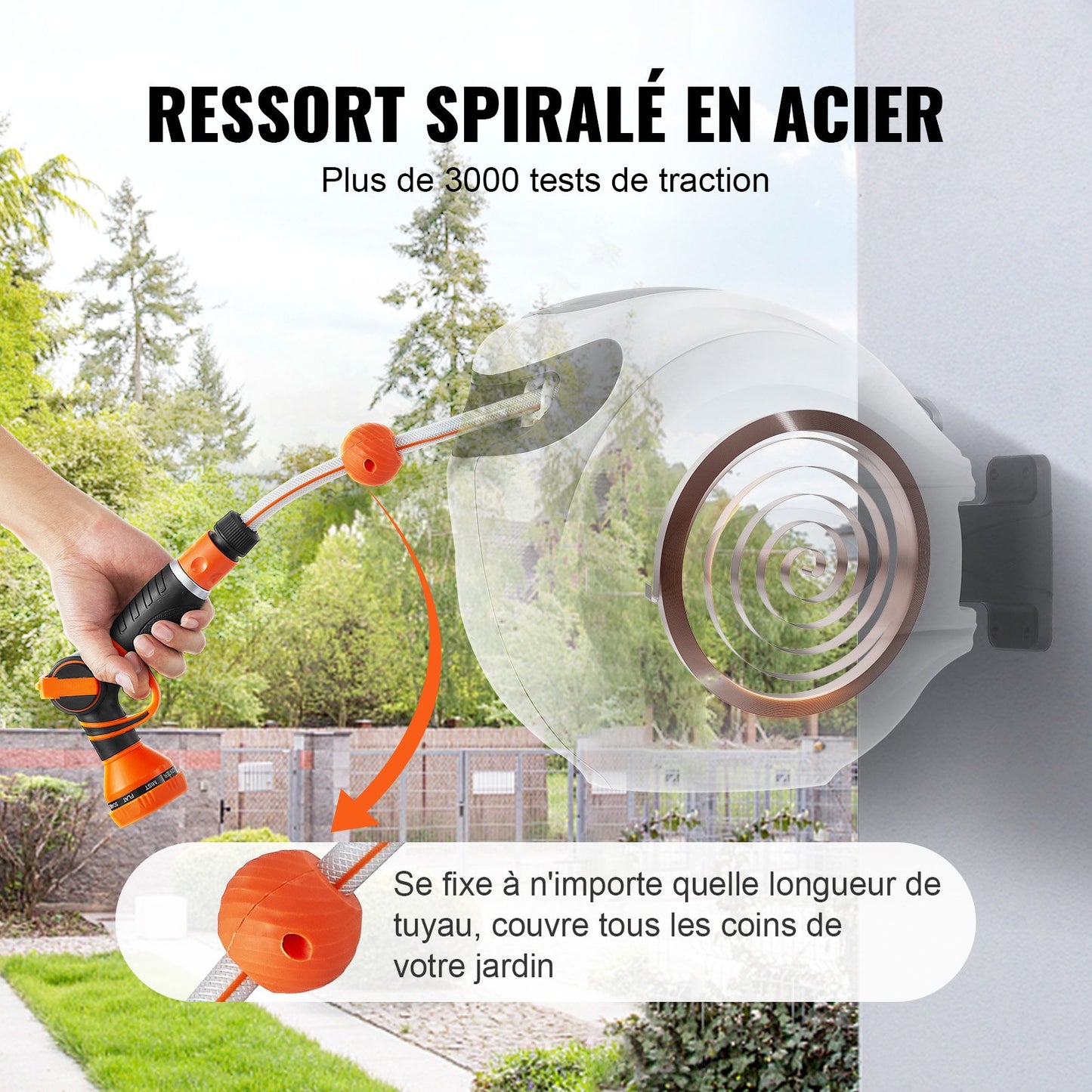 Einziehbare Schlauchtrommel, Wasserschlauchtrommel 25 m x 1,3 cm, 180° schwenkbar, Wandmontage