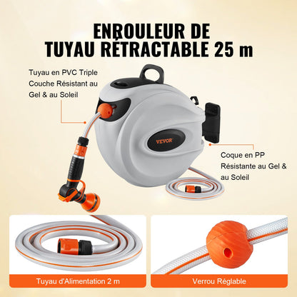 Einziehbare Schlauchtrommel, Wasserschlauchtrommel 25 m x 1,3 cm, 180° schwenkbar, Wandmontage