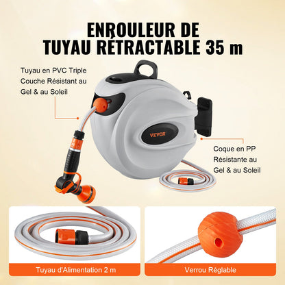 Einziehbare Schlauchtrommel, Wasserschlauchtrommel 35 m x 1,3 cm, 180° schwenkbar, Wandmontage