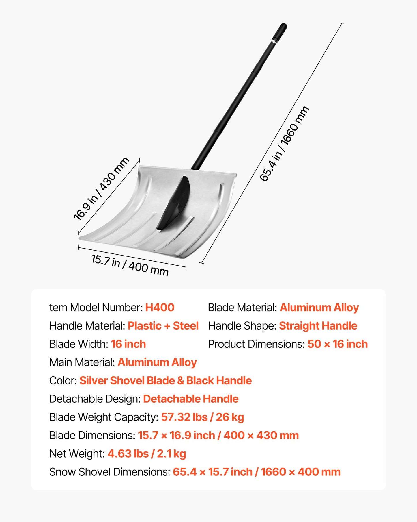 Schneeschaufel für die Einfahrt, 40 cm breite Schneeschaufel aus Aluminiumlegierung, rutschfester Griff, große Kapazität, abnehmbares und leichtes Schneeräumwerkzeug für Garten, Auto, Camping und Outdoor-Aktivitäten
