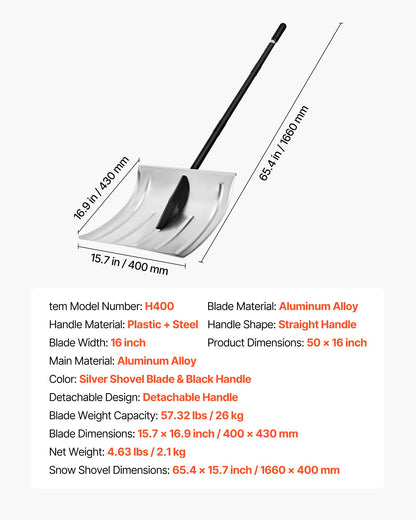 Schneeschaufel für die Einfahrt, 40 cm breite Schneeschaufel aus Aluminiumlegierung, rutschfester Griff, große Kapazität, abnehmbares und leichtes Schneeräumwerkzeug für Garten, Auto, Camping und Outdoor-Aktivitäten