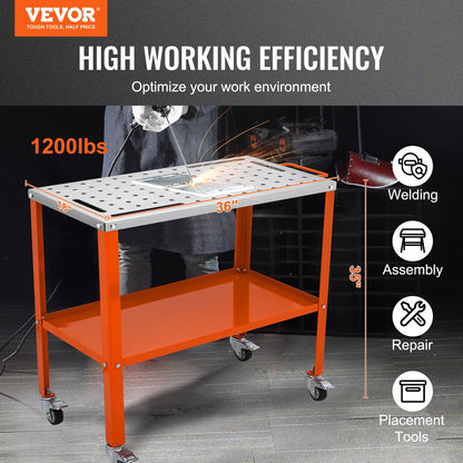 Welding Table 91.4 cm x 45.7 cm, 544 kg Load Capacity Steel Welding Workbench Table on Wheels, 2 Layers Portable Work Bench with Braking Casters, 4 Tool Slots, 1.6 cm Fixture Holes