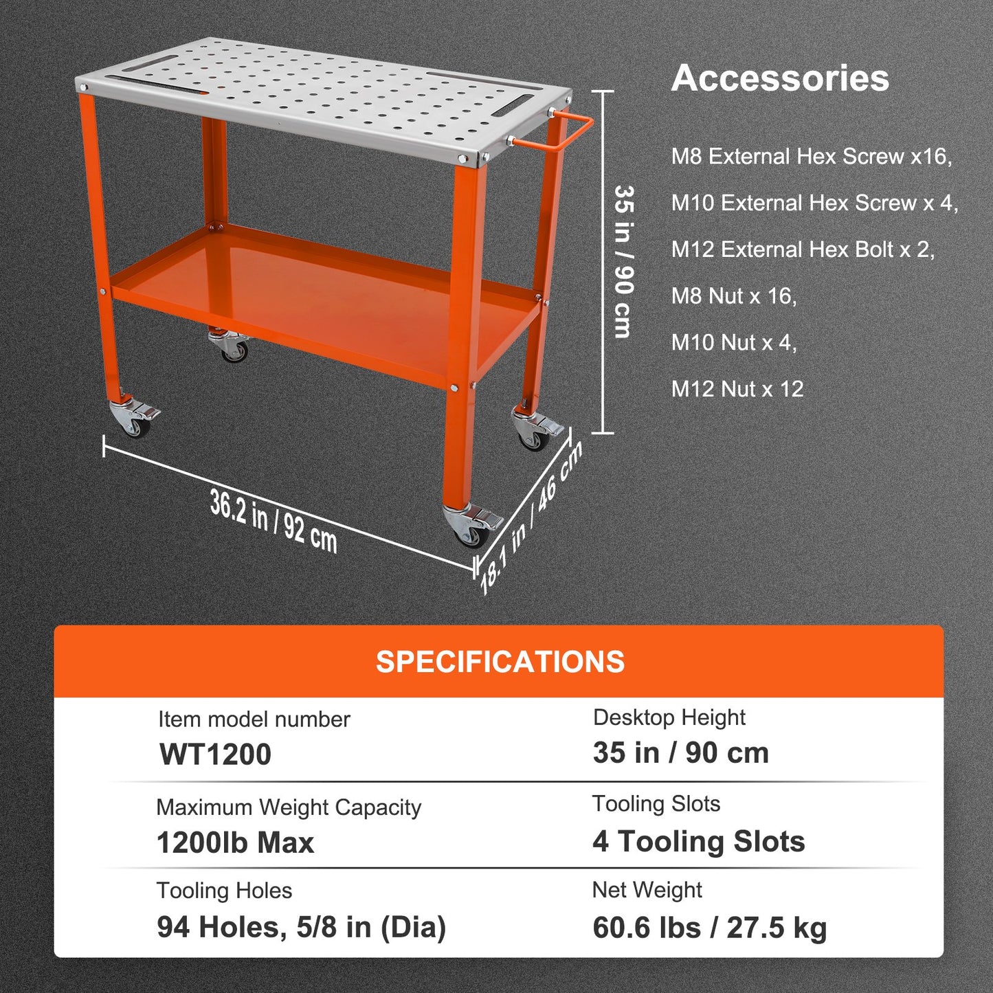 Welding Table 91.4 cm x 45.7 cm, 544 kg Load Capacity Steel Welding Workbench Table on Wheels, 2 Layers Portable Work Bench with Braking Casters, 4 Tool Slots, 1.6 cm Fixture Holes
