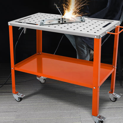 Welding Table 91.4 cm x 45.7 cm, 544 kg Load Capacity Steel Welding Workbench Table on Wheels, 2 Layers Portable Work Bench with Braking Casters, 4 Tool Slots, 1.6 cm Fixture Holes