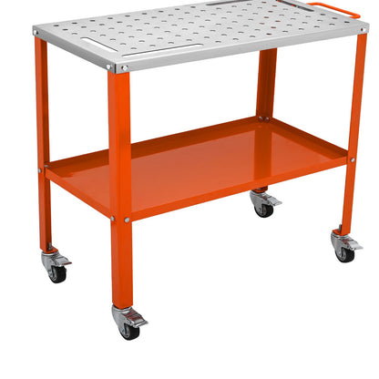 Welding Table 91.4 cm x 45.7 cm, 544 kg Load Capacity Steel Welding Workbench Table on Wheels, 2 Layers Portable Work Bench with Braking Casters, 4 Tool Slots, 1.6 cm Fixture Holes