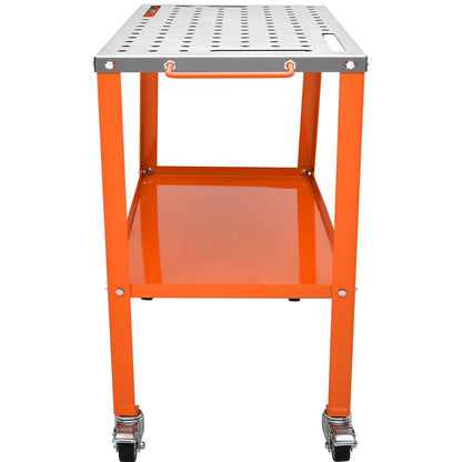 Welding Table 91.4 cm x 45.7 cm, 544 kg Load Capacity Steel Welding Workbench Table on Wheels, 2 Layers Portable Work Bench with Braking Casters, 4 Tool Slots, 1.6 cm Fixture Holes