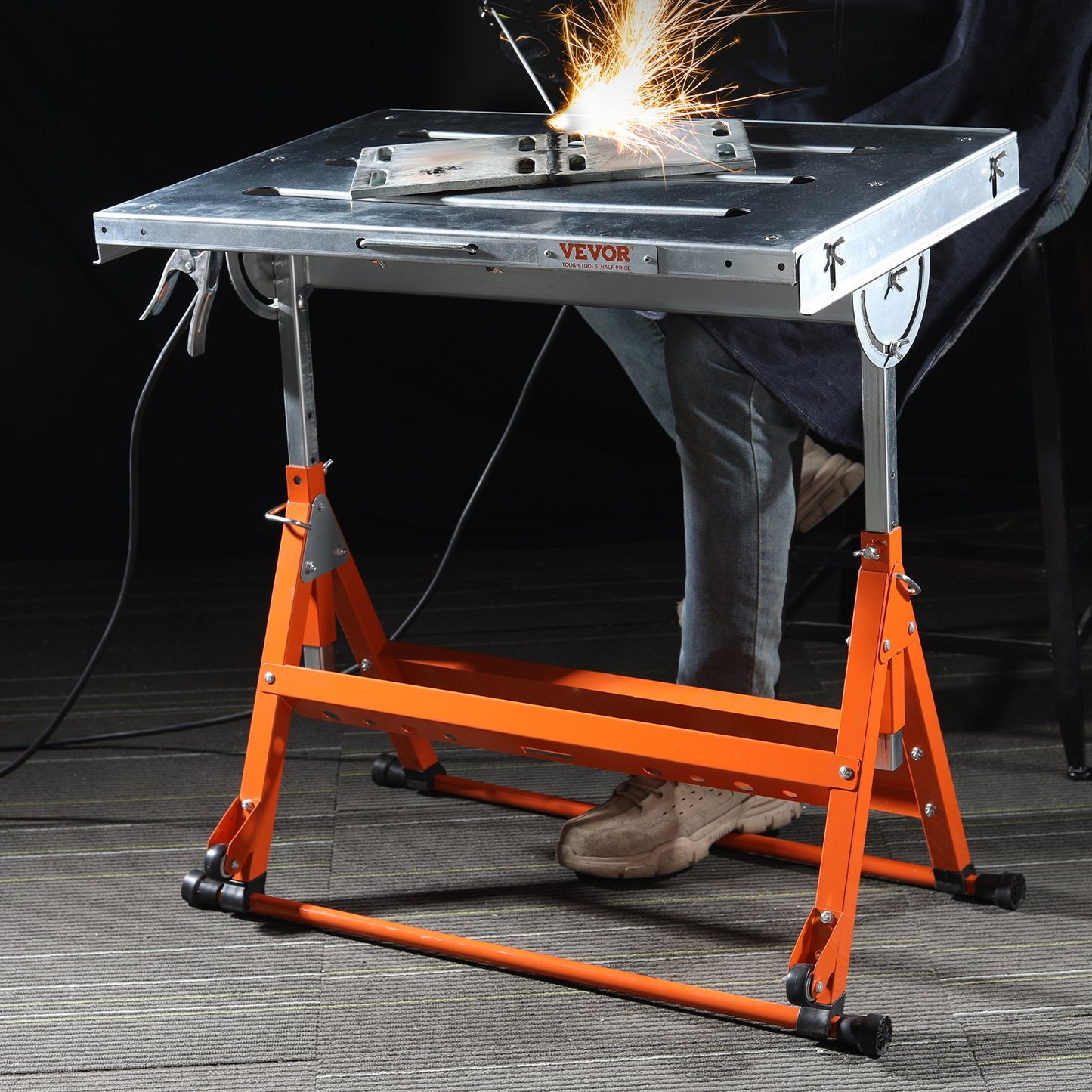 Welding Table 76.2 cm x 50.8 cm, 181.4 kg Load Capacity Steel Welding Workbench Table on Wheels, Folding Work Bench with Three 2.8 cm Slot, 3 Tilt Angles, Adjustable Height, Retractable Guide Rails