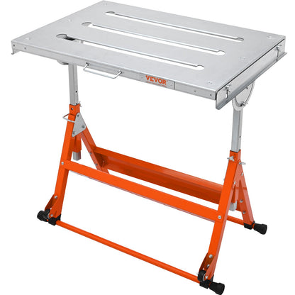 Welding Table 76.2 cm x 50.8 cm, 181.4 kg Load Capacity Steel Welding Workbench Table on Wheels, Folding Work Bench with Three 2.8 cm Slot, 3 Tilt Angles, Adjustable Height, Retractable Guide Rails