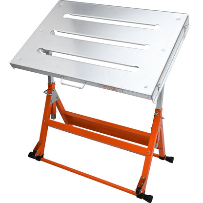 Welding Table 76.2 cm x 50.8 cm, 181.4 kg Load Capacity Steel Welding Workbench Table on Wheels, Folding Work Bench with Three 2.8 cm Slot, 3 Tilt Angles, Adjustable Height, Retractable Guide Rails
