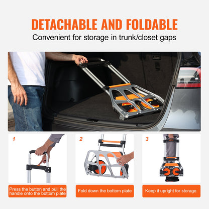 Folding Hand Truck, 124.7 kg Load Capacity, Aluminum Portable Cart, Convertible Hand Truck and Dolly with Telescoping Handle and PP+TPR Wheels, Ultra Lightweight Super Strong for Moving Warehouse