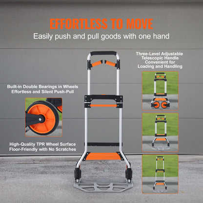 Folding Hand Truck, 309 lbs Load Capacity, Aluminum Portable Cart, Convertible Hand Truck and Dolly with Telescoping Handle and PP+TPR Wheels, Ultra Lightweight Super Strong for Moving Warehouse