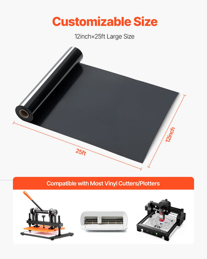 Heat Transfer Vinyl, 304.8 x 7260mm, Glossy Black HTV Iron on Vinyl Roll, Easy to Cut and Weed, Strong Adhesion, Compatible with Cutting Machines, for Various Materials, T-shirts, Pillows, Hats