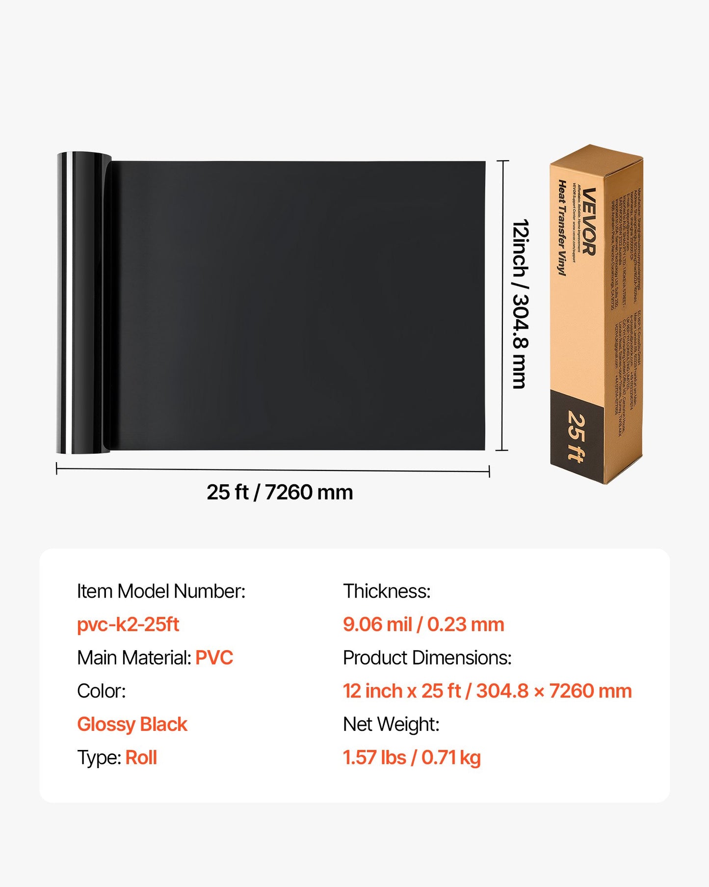 Heat Transfer Vinyl, 304.8 x 7260mm, Glossy Black HTV Iron on Vinyl Roll, Easy to Cut and Weed, Strong Adhesion, Compatible with Cutting Machines, for Various Materials, T-shirts, Pillows, Hats