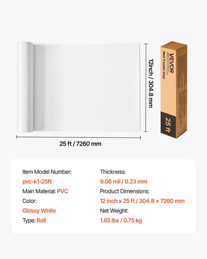 Transferfolie, 304,8 x 7260 mm, glänzend weiße Bügelfolie auf Rolle, leicht zu schneiden und zu entgittern, starke Haftung, kompatibel mit Schneidemaschinen, für verschiedene Materialien, T-Shirts, Kissen, Hüte