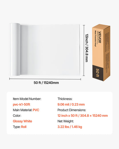 Heat Transfer Vinyl, 304.8 x 15240mm, Glossy White HTV Iron on Vinyl Roll, Easy to Cut and Weed, Strong Adhesion, Compatible with Cutting Machines, for Various Materials, T-shirts, Pillows, Hats