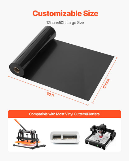 Bügelfolie, 304,8 x 15240 mm, glänzend schwarz, leicht zu schneiden und zu entgittern, starke Haftung, kompatibel mit Schneidemaschinen, für verschiedene Materialien, T-Shirts, Kissen, Hüte