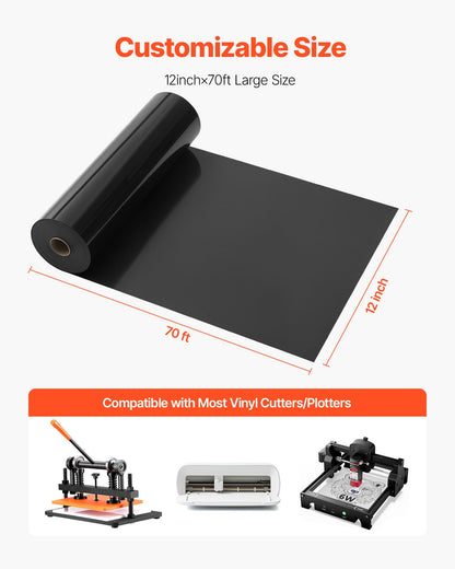 Transferfolie, 304,8 x 21336 mm, glänzend schwarz, Bügelfolie auf Rolle, leicht zu schneiden und zu entgittern, starke Haftung, kompatibel mit Schneidemaschinen, für verschiedene Materialien, T-Shirts, Kissen, Hüte