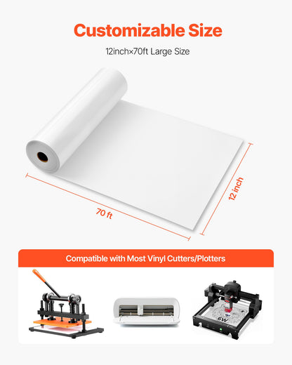 Heat Transfer Vinyl, 304.8 x 21336mm, Glossy White HTV Iron on Vinyl Roll, Easy to Cut and Weed, Strong Adhesion, Compatible with Cutting Machines, for Various Materials, T-shirts, Pillows, Hats