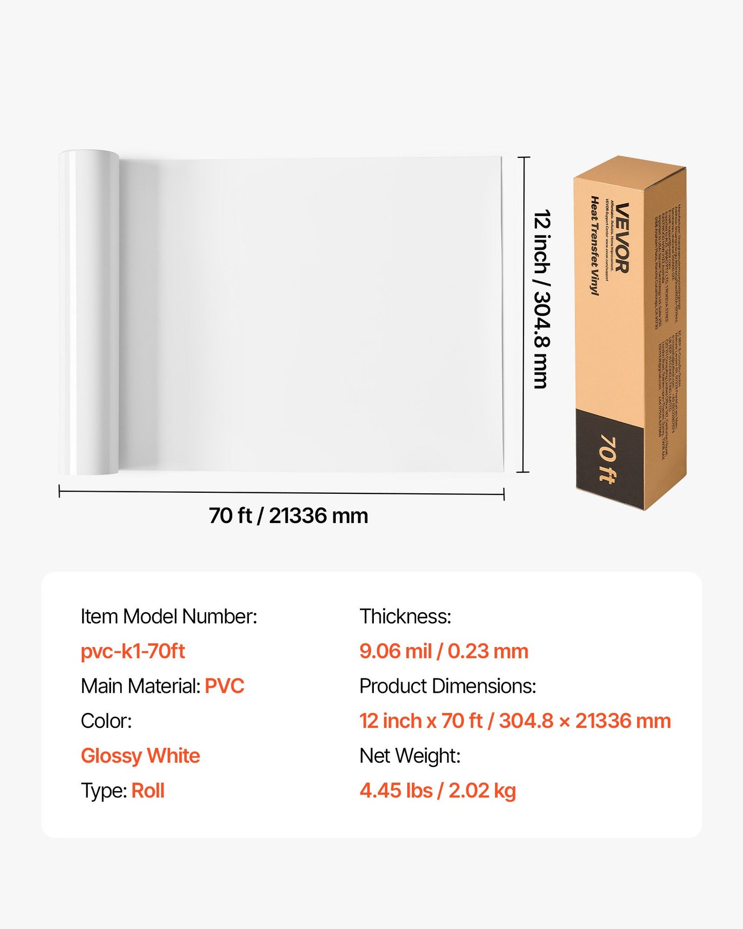 Heat Transfer Vinyl, 304.8 x 21336mm, Glossy White HTV Iron on Vinyl Roll, Easy to Cut and Weed, Strong Adhesion, Compatible with Cutting Machines, for Various Materials, T-shirts, Pillows, Hats