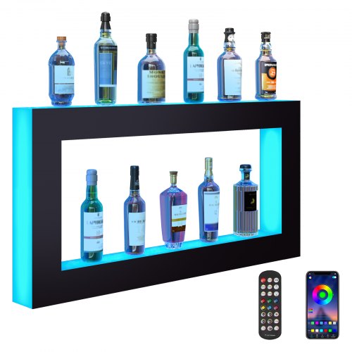 LED-beleuchtetes Flaschenregal, quadratisch, 122 cm (48 Zoll), beleuchtetes Hausbar-Regal mit Funkfernbedienung und App-Steuerung, 7 statische Farben, 1-4-Stunden-Timer, Acryl-Wandregal für 24 Flaschen