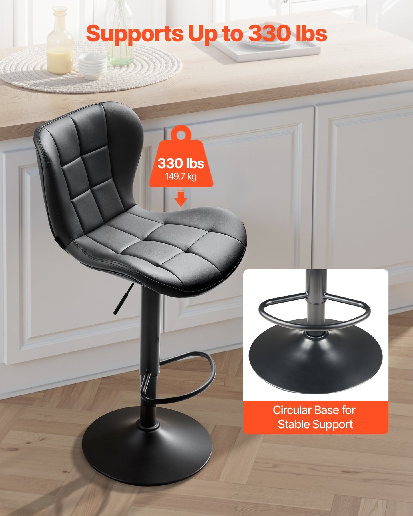 Barhocker-Set (2er-Set), moderne Barhocker aus PU-Leder in Tresenhöhe, drehbarer Küchenbarhocker mit Rücken- und Fußstütze, höhenverstellbarer Barstuhl ohne Armlehnen, Küchen- und Esszimmer-Barhocker, Schwarz