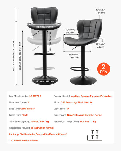 Barhocker-Set (2er-Set), moderne Barhocker aus PU-Leder in Tresenhöhe, drehbarer Küchenbarhocker mit Rücken- und Fußstütze, höhenverstellbarer Barstuhl ohne Armlehnen, Küchen- und Esszimmer-Barhocker, Schwarz