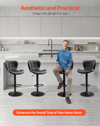 Bar Stool Set of 4, Modern PU Leather Counter Height Stools, Swivel Kitchen Barstool with Back and Footrest, Height Adjustable Armless Bar Chair, Island Barstools for Kitchen, Dining Room, Black