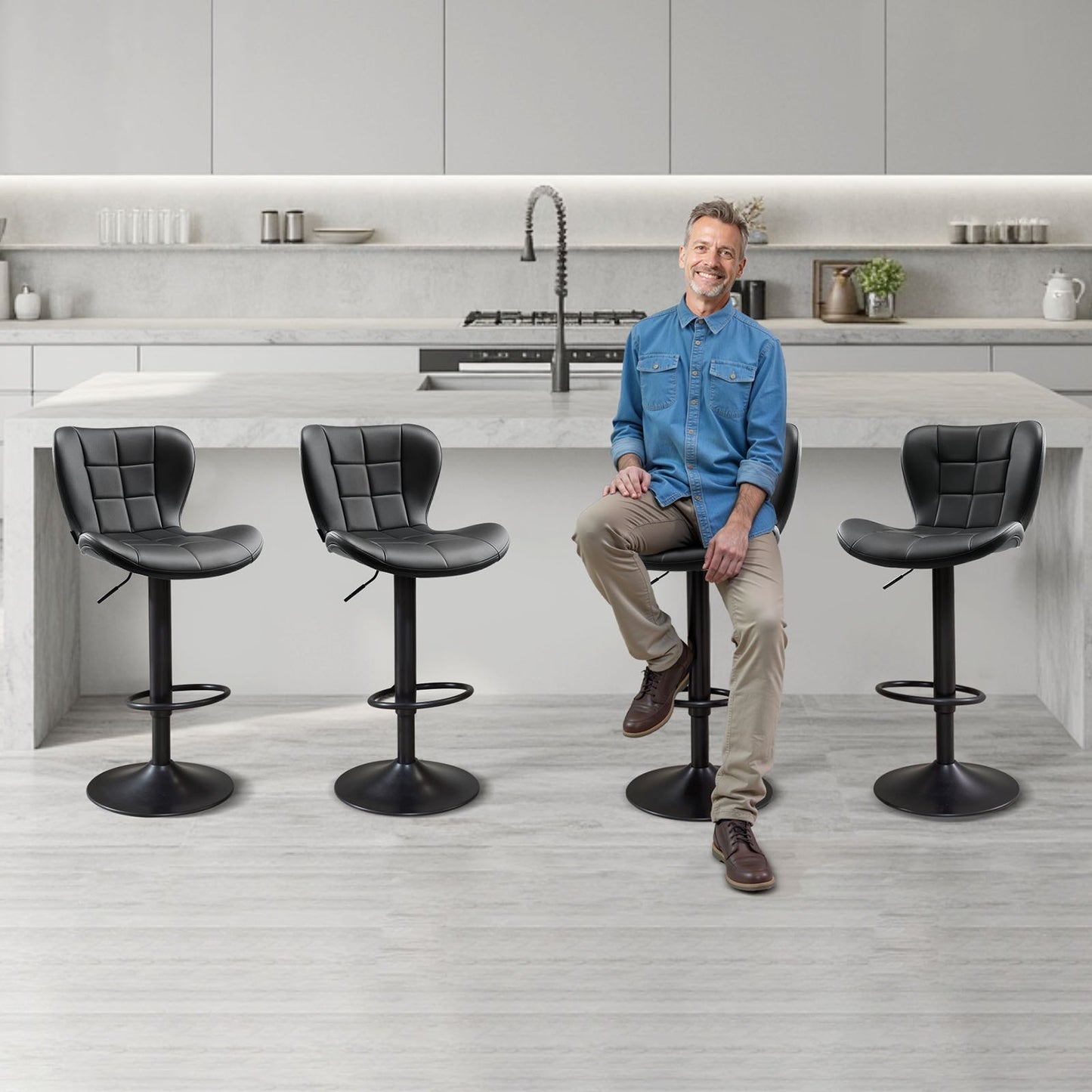 Bar Stool Set of 4, Modern PU Leather Counter Height Stools, Swivel Kitchen Barstool with Back and Footrest, Height Adjustable Armless Bar Chair, Island Barstools for Kitchen, Dining Room, Black