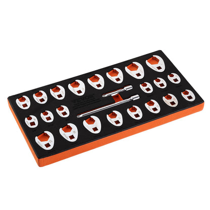 24-teiliger Krähenfußschlüsselsatz mit 3/8"-Antrieb, inklusive zwei Verlängerungen, SAE 3/8"-1" und metrisch 10-22 mm, aus CR-Mo-Stahl, mit EVA-Werkzeugorganizer