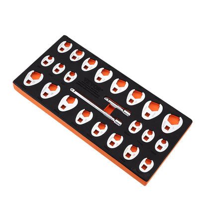 24-teiliger Krähenfußschlüsselsatz mit 3/8"-Antrieb, inklusive zwei Verlängerungen, SAE 3/8"-1" und metrisch 10-22 mm, aus CR-Mo-Stahl, mit EVA-Werkzeugorganizer