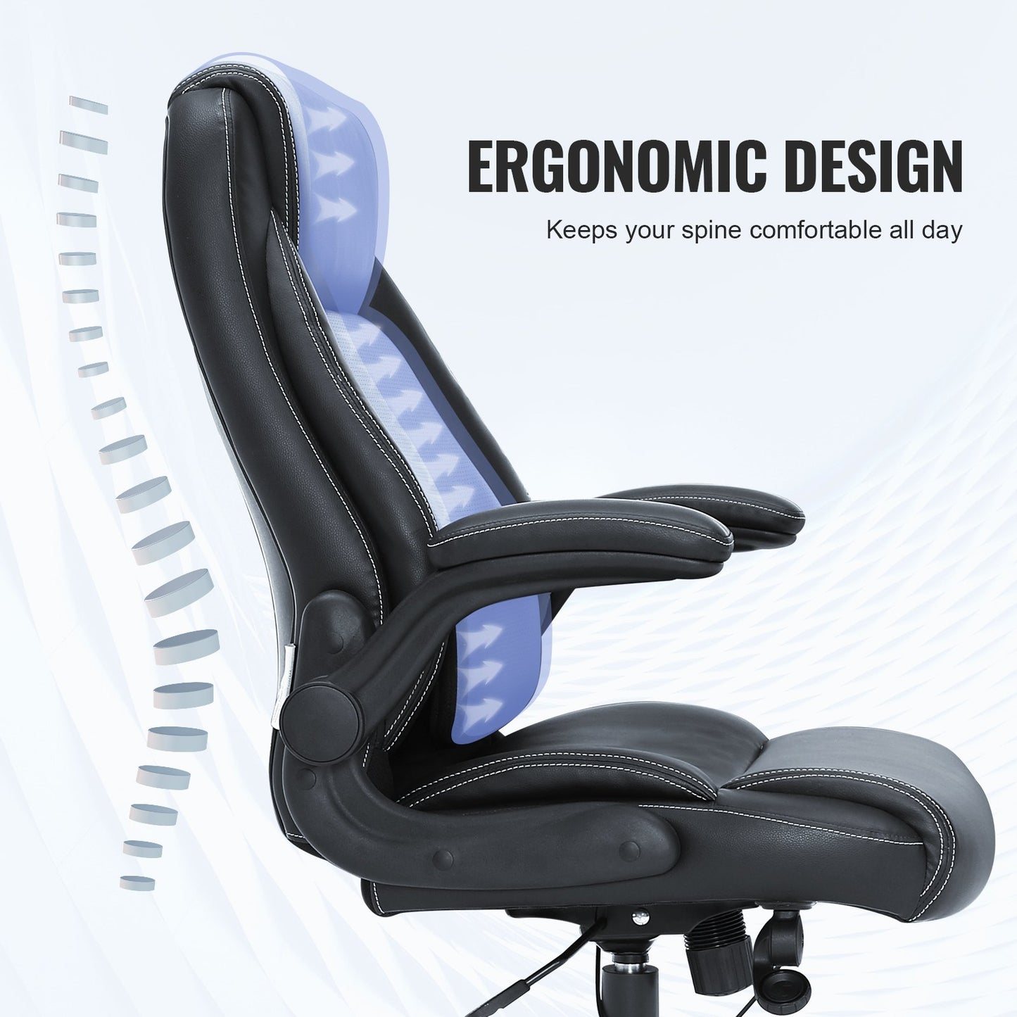 Executive Office Chair with Cutting-edge Adjustable Lumbar Support, High Back PU Leather Office Chair Ergonomic for Back Pain, with Padded Flip-up Arms