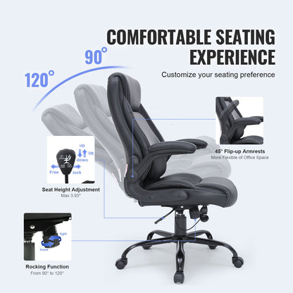 Executive Office Chair with Cutting-edge Adjustable Lumbar Support, High Back PU Leather Office Chair Ergonomic for Back Pain, with Padded Flip-up Arms