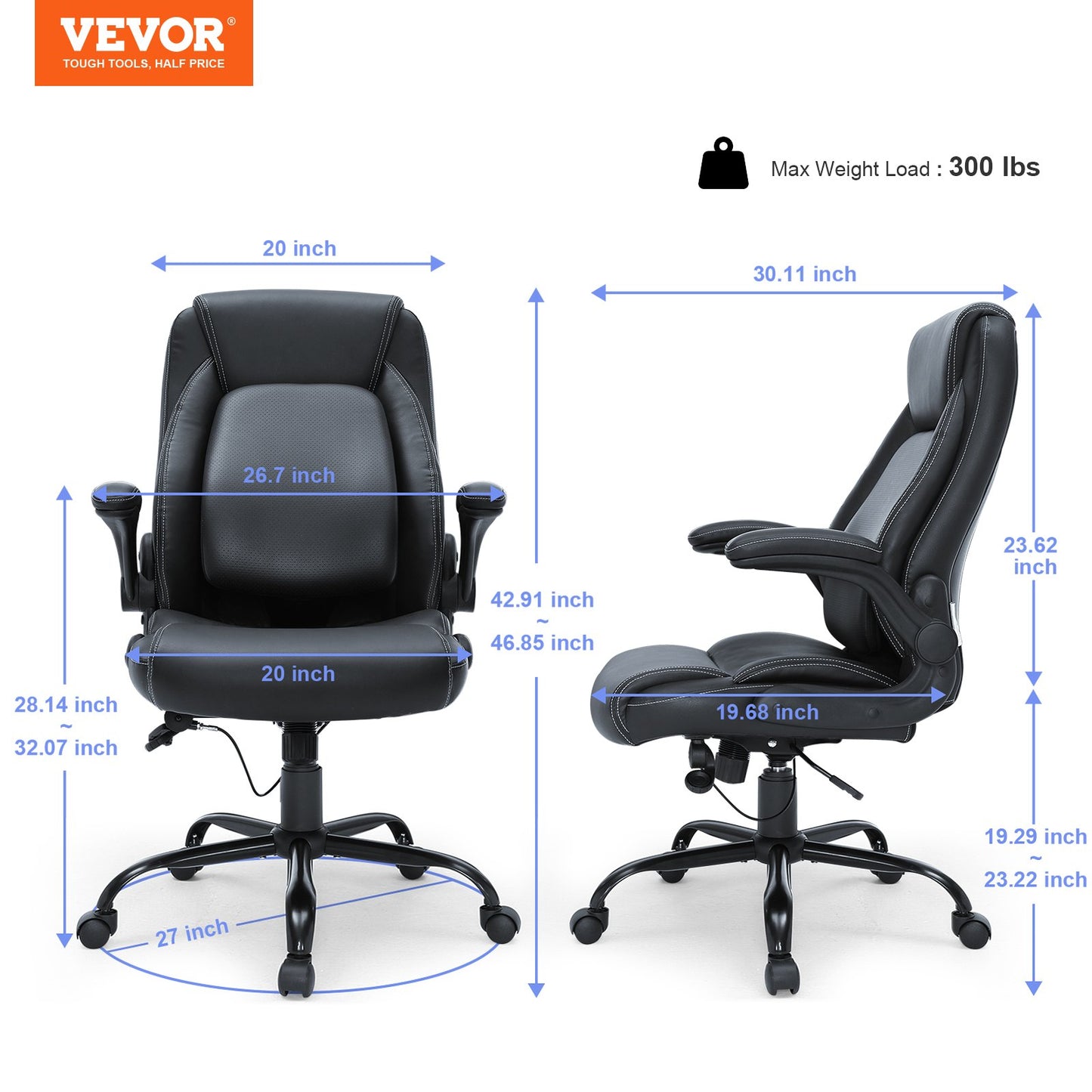 Executive Office Chair with Cutting-edge Adjustable Lumbar Support, High Back PU Leather Office Chair Ergonomic for Back Pain, with Padded Flip-up Arms