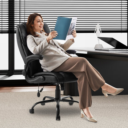 Chefsessel, Bürostuhl mit hoher Rückenlehne, hochklappbaren Armlehnen und Lendenwirbelstütze, ergonomischer Schreibtischstuhl mit verstellbarer Neigung und Höhe, drehbarer Stuhl mit Rollen aus PU-Leder für Arbeit, Studium und Gaming, Schwarz