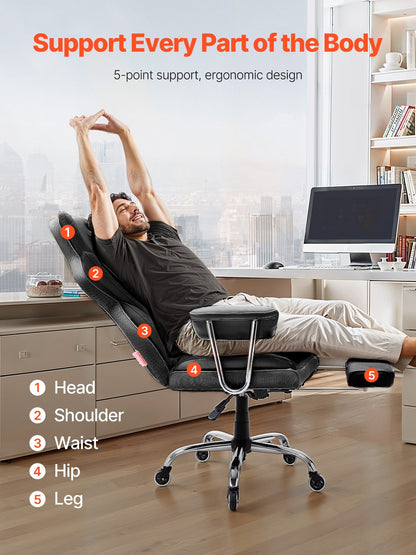 Chefsessel, Hochlehner mit Fußstütze und abnehmbaren Armlehnen, ergonomischer Schreibtischstuhl mit hochelastischem Schaumstoffkissen, drehbarer Rollstuhl aus PU-Leder für Arbeit, Studium und Gaming, Schwarz