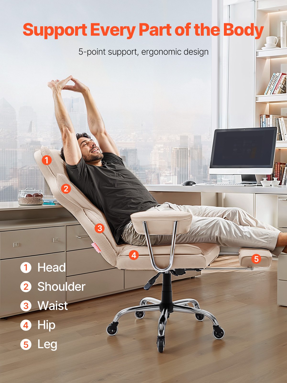 Chefsessel, Hochlehner mit Fußstütze und abnehmbaren Armlehnen, ergonomischer Schreibtischstuhl mit hochelastischem Schaumstoffkissen, drehbarer Rollstuhl aus PU-Leder für Arbeit, Studium und Gaming, Braun