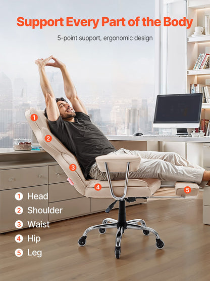 Chefsessel, Hochlehner mit Fußstütze und abnehmbaren Armlehnen, ergonomischer Schreibtischstuhl mit hochelastischem Schaumstoffkissen, drehbarer Rollstuhl aus PU-Leder für Arbeit, Studium und Gaming, Braun