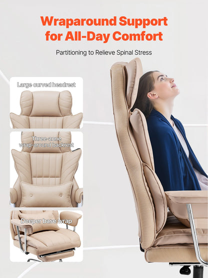 Chefsessel, Hochlehner mit Fußstütze und abnehmbaren Armlehnen, ergonomischer Schreibtischstuhl mit hochelastischem Schaumstoffkissen, drehbarer Rollstuhl aus PU-Leder für Arbeit, Studium und Gaming, Braun