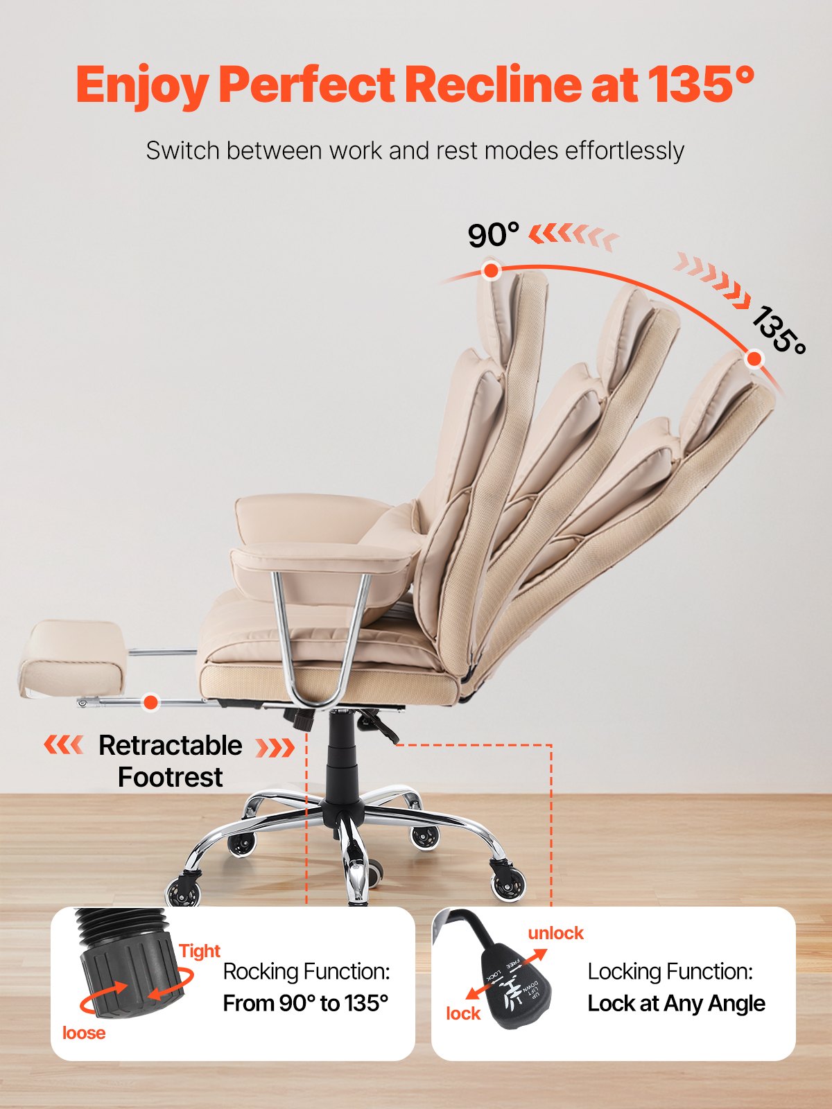 Chefsessel, Hochlehner mit Fußstütze und abnehmbaren Armlehnen, ergonomischer Schreibtischstuhl mit hochelastischem Schaumstoffkissen, drehbarer Rollstuhl aus PU-Leder für Arbeit, Studium und Gaming, Braun