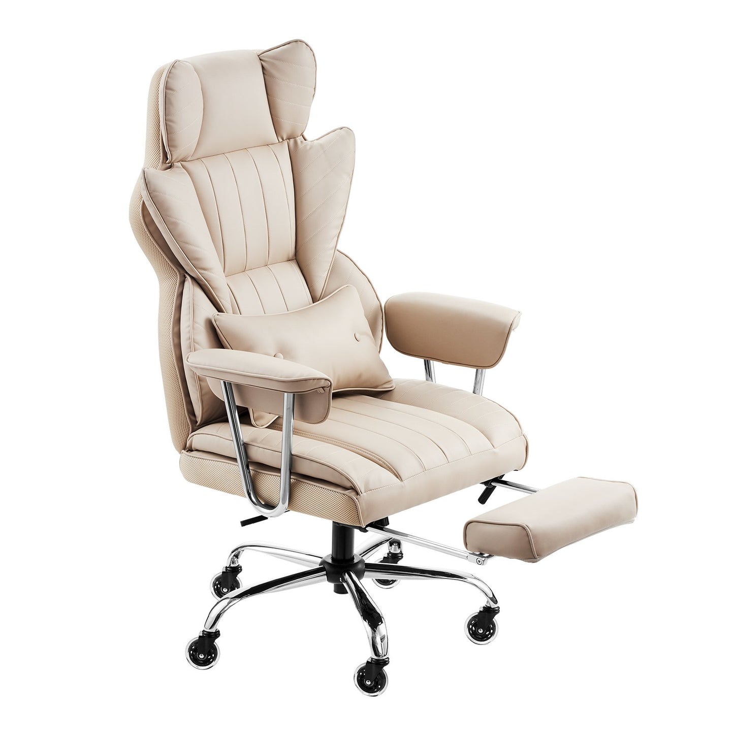 Chefsessel, Hochlehner mit Fußstütze und abnehmbaren Armlehnen, ergonomischer Schreibtischstuhl mit hochelastischem Schaumstoffkissen, drehbarer Rollstuhl aus PU-Leder für Arbeit, Studium und Gaming, Braun