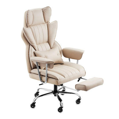 Chefsessel, Hochlehner mit Fußstütze und abnehmbaren Armlehnen, ergonomischer Schreibtischstuhl mit hochelastischem Schaumstoffkissen, drehbarer Rollstuhl aus PU-Leder für Arbeit, Studium und Gaming, Braun