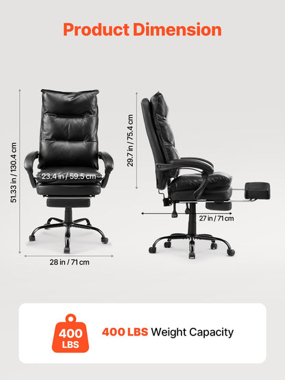 Chefsessel, Hochlehner mit Fußstütze und Lendenkissen, ergonomischer Schreibtischstuhl mit 135° Neigungswinkel und verstellbarer Höhe, drehbarer Rollstuhl aus PU-Leder für Arbeit, Studium und Gaming, Schwarz