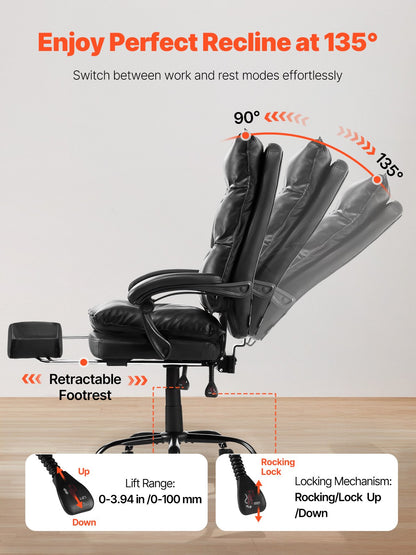 Chefsessel, Hochlehner mit Fußstütze und Lendenkissen, ergonomischer Schreibtischstuhl mit 135° Neigungswinkel und verstellbarer Höhe, drehbarer Rollstuhl aus PU-Leder für Arbeit, Studium und Gaming, Schwarz