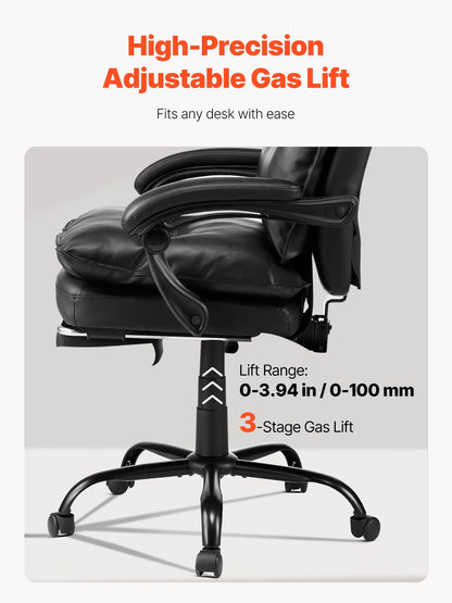 Chefsessel, Hochlehner mit Fußstütze und Lendenkissen, ergonomischer Schreibtischstuhl mit 135° Neigungswinkel und verstellbarer Höhe, drehbarer Rollstuhl aus PU-Leder für Arbeit, Studium und Gaming, Schwarz