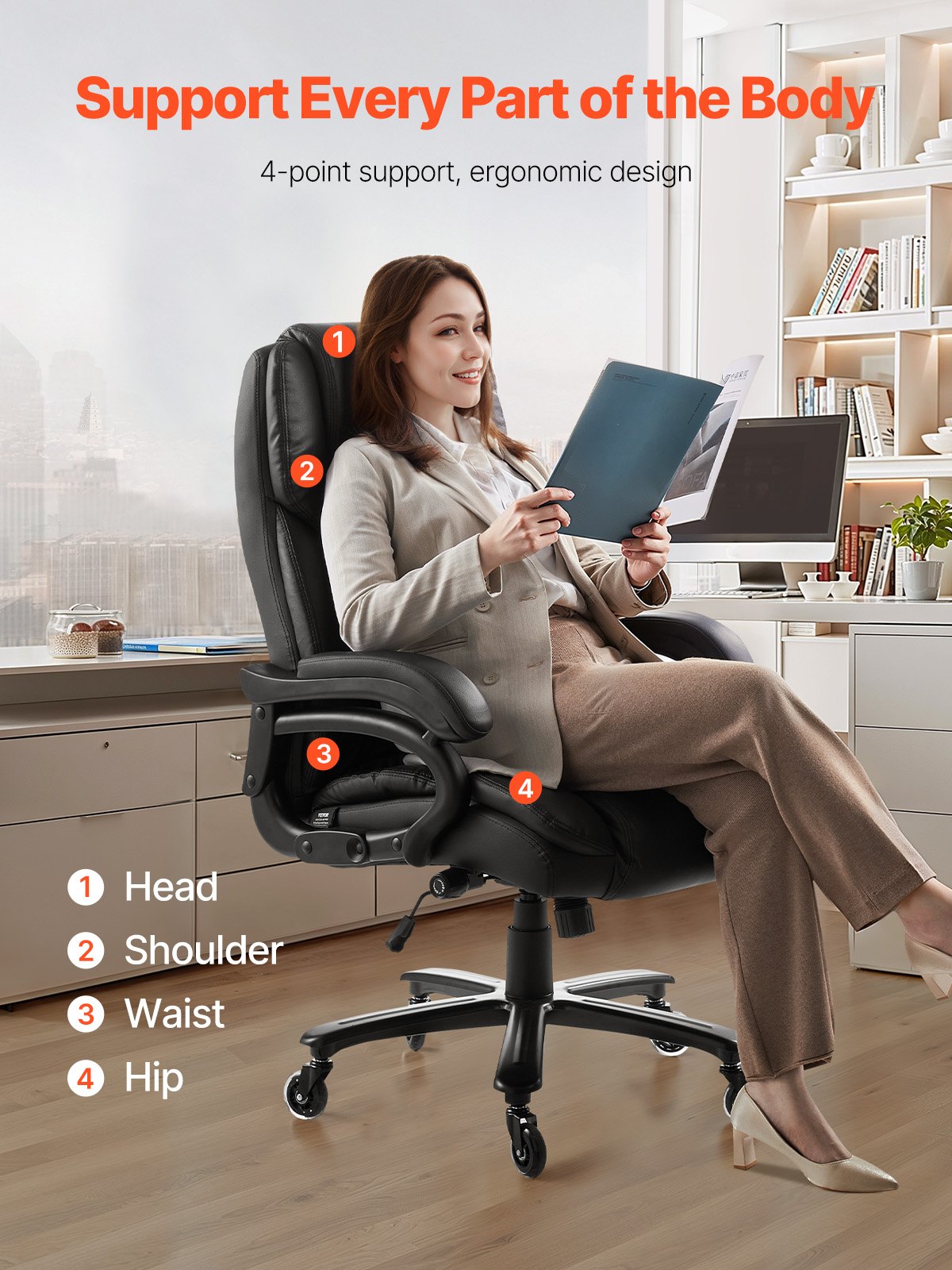 Executive Chair, High Back Office Chair with Knob-Control Lumbar Support, Ergonomic Desk Chair Adjustable Tilt & Height, PU Leather Swivel Rolling Chair for Working, Study, Gaming, Black