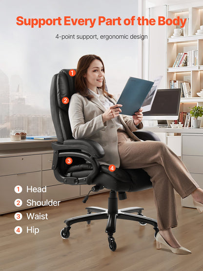 Executive Chair, High Back Office Chair with Knob-Control Lumbar Support, Ergonomic Desk Chair Adjustable Tilt & Height, PU Leather Swivel Rolling Chair for Working, Study, Gaming, Black