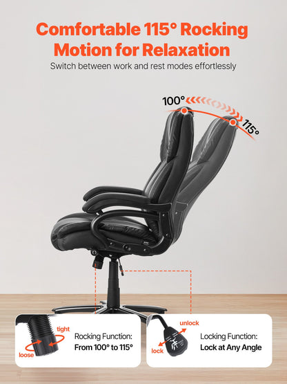 Executive Chair, High Back Office Chair with Knob-Control Lumbar Support, Ergonomic Desk Chair Adjustable Tilt & Height, PU Leather Swivel Rolling Chair for Working, Study, Gaming, Black
