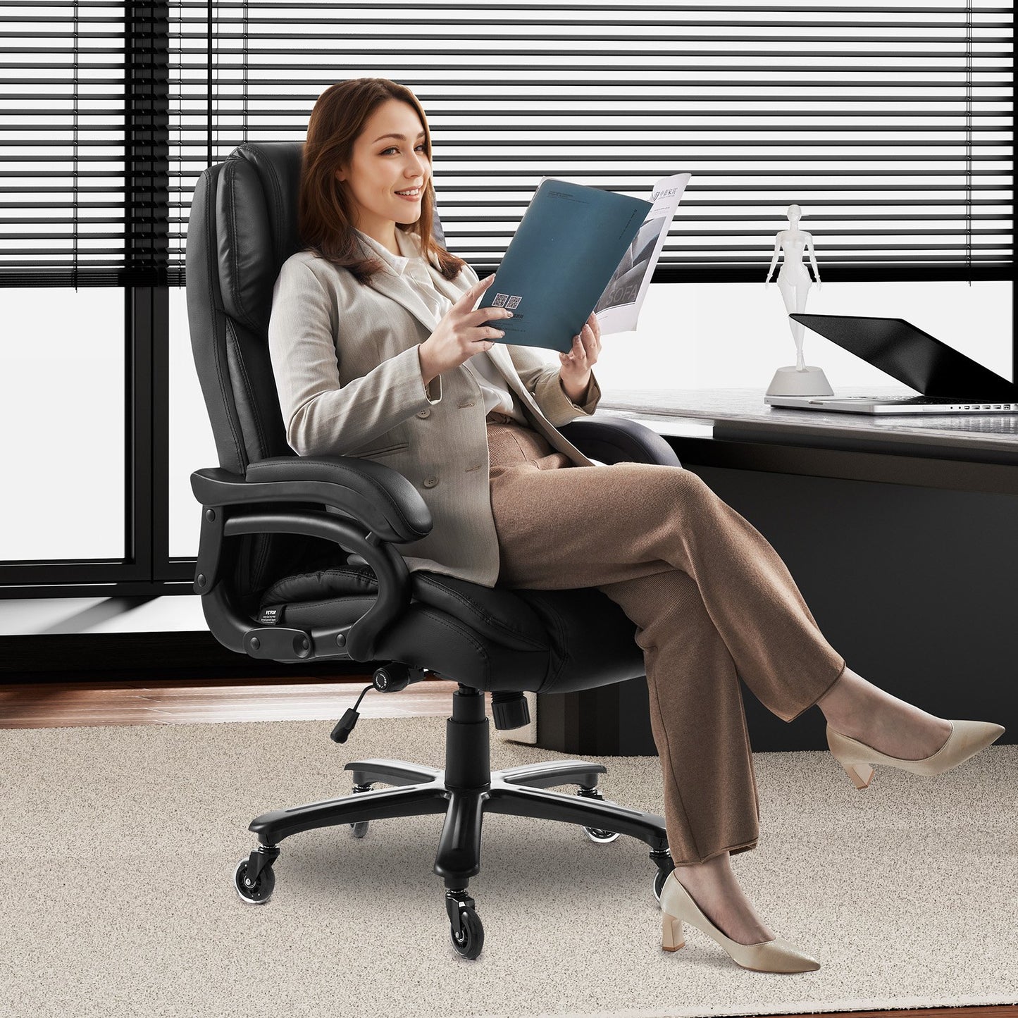 Executive Chair, High Back Office Chair with Knob-Control Lumbar Support, Ergonomic Desk Chair Adjustable Tilt & Height, PU Leather Swivel Rolling Chair for Working, Study, Gaming, Black