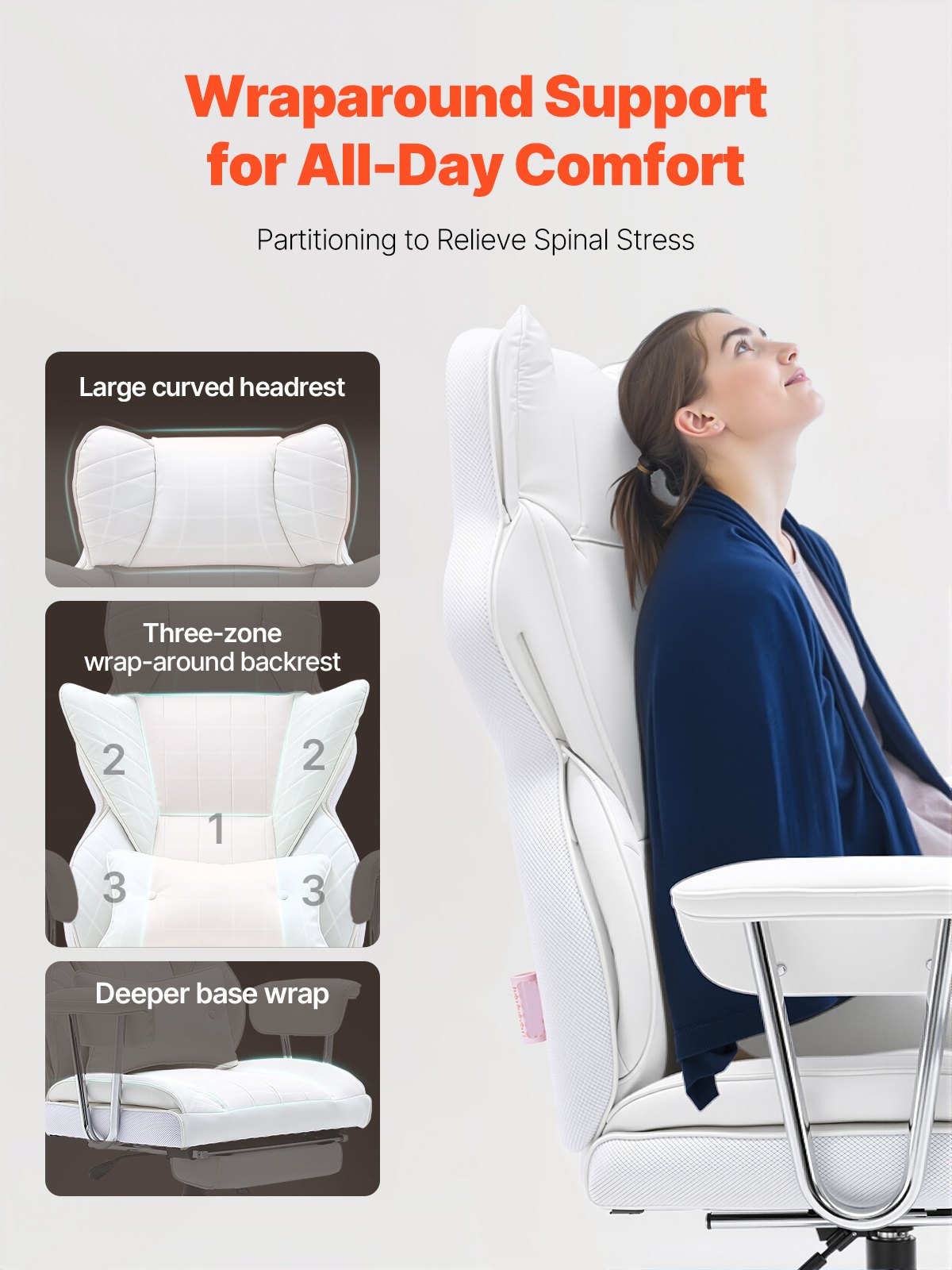 Verstellbarer Bürostuhl mit Fußstütze, strapazierfähiger Bürostuhl aus PU-Leder, breiter Bürostuhl, Chefsessel für große und schwere Personen mit Lendenwirbelstütze, stabiles Metallgestell, leise Rollen, Weiß